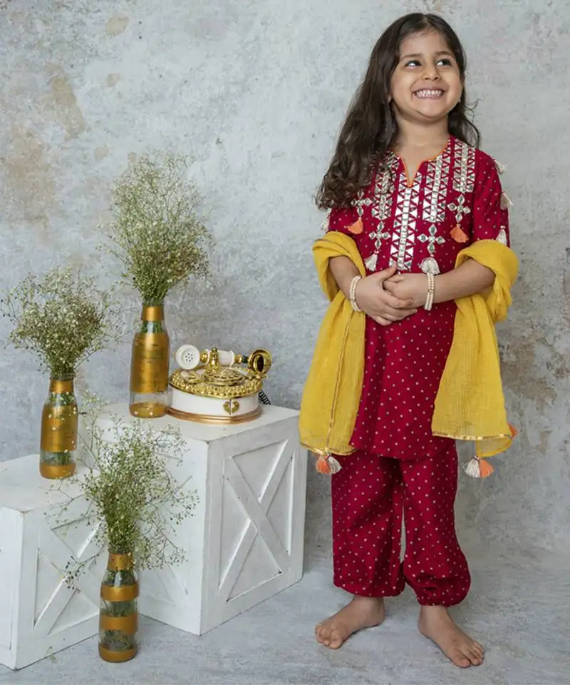 Red cotton hand woven traditional kurta set