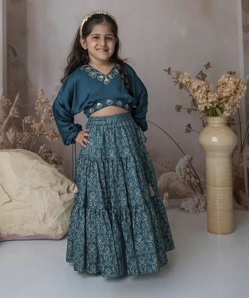 Blue cotton hand woven traditional crop top with tiered lehnga