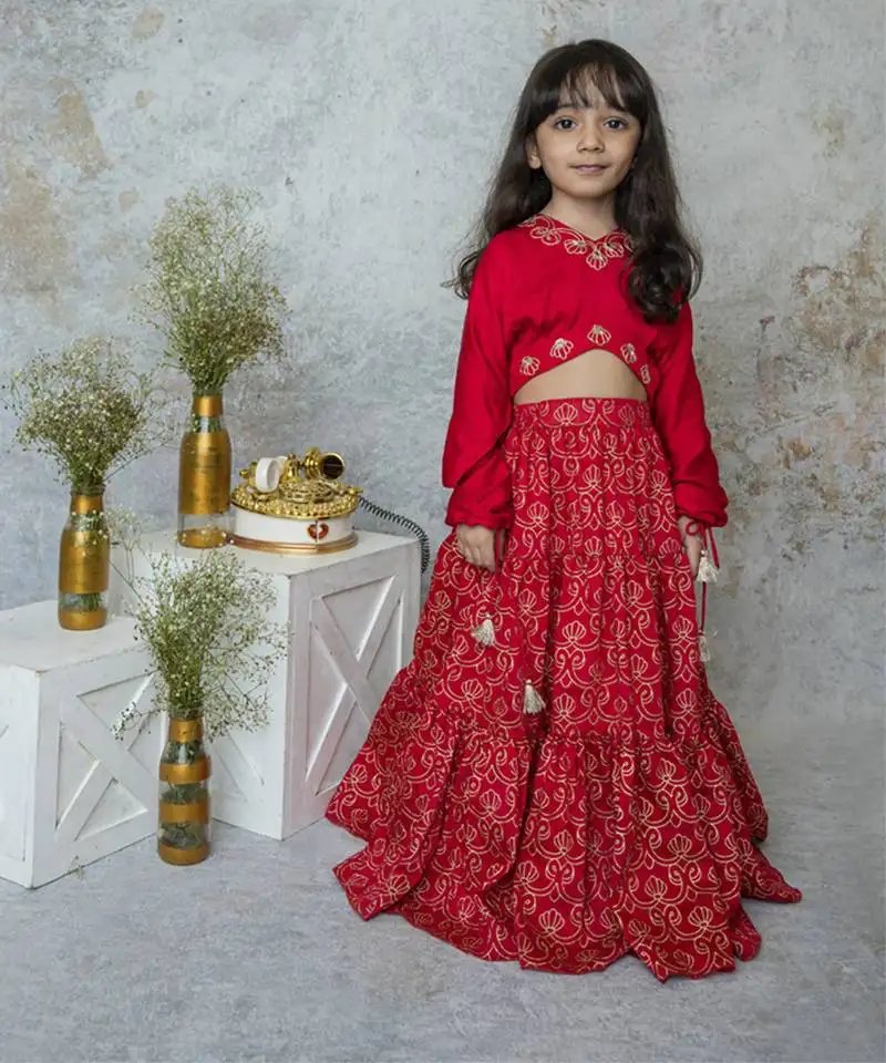 Red cotton hand woven traditional crop top with tiered lehnga