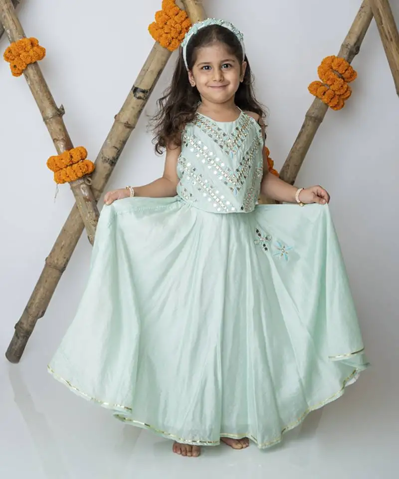 Green cotton hand woven traditional halter lehnga