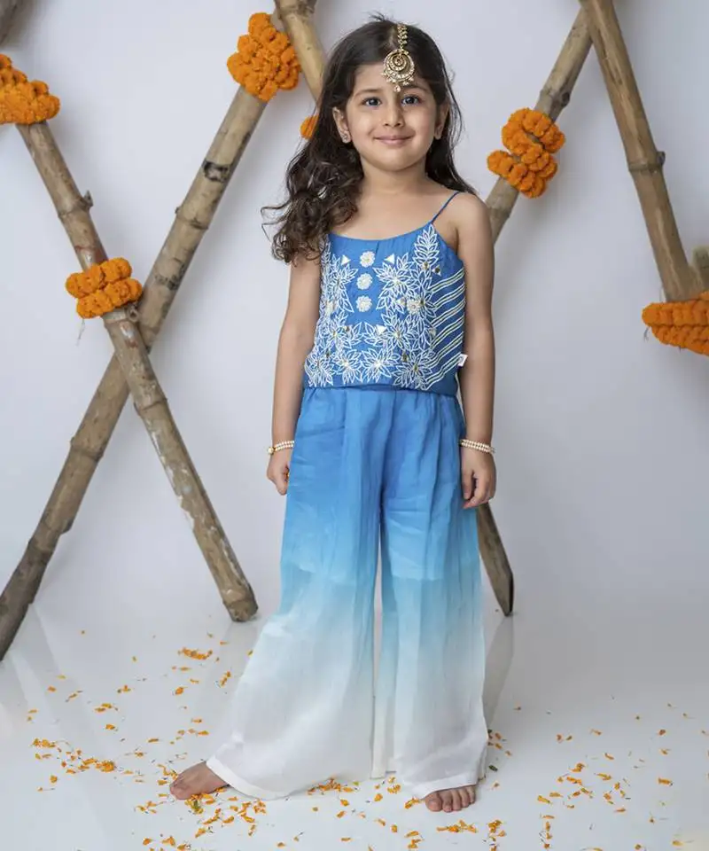 Blue cotton hand woven traditional crop top with shaded pants