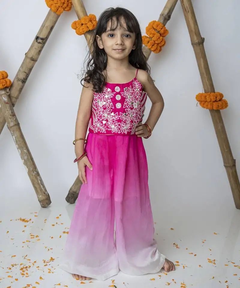 Pink cotton hand woven traditional crop top with shaded pants