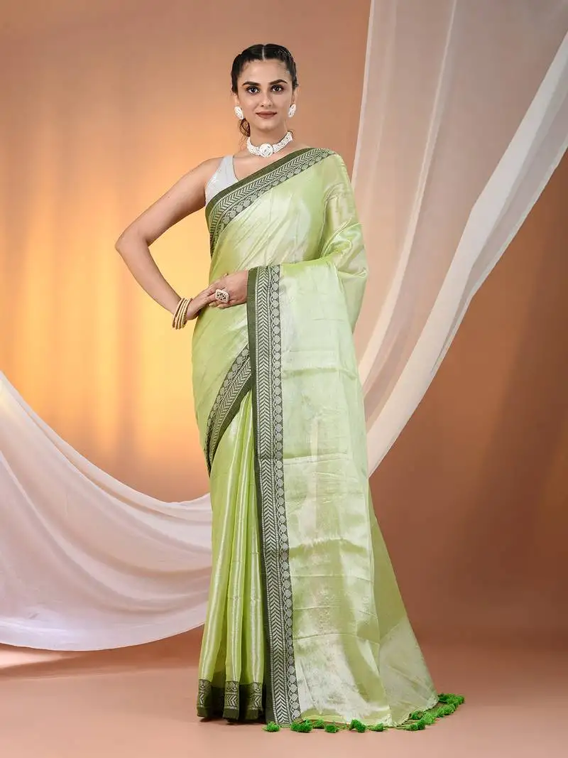 Light green shimmer tissue saree with nakshi borders