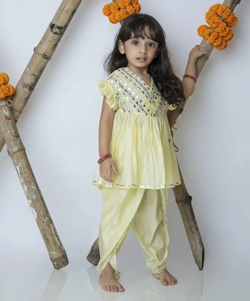 Yellow cotton hand woven traditional dhoti set