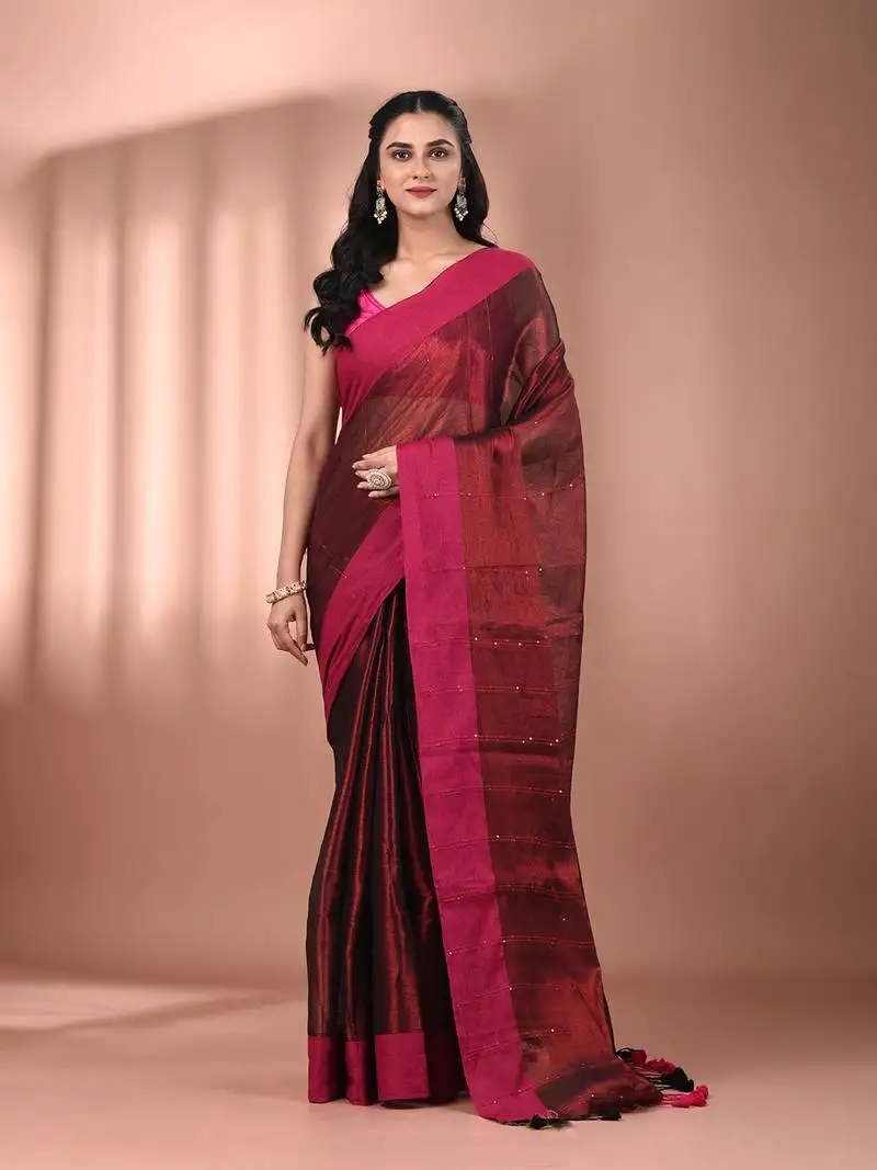 Maroon stripe pattern tissue saree with sequin work