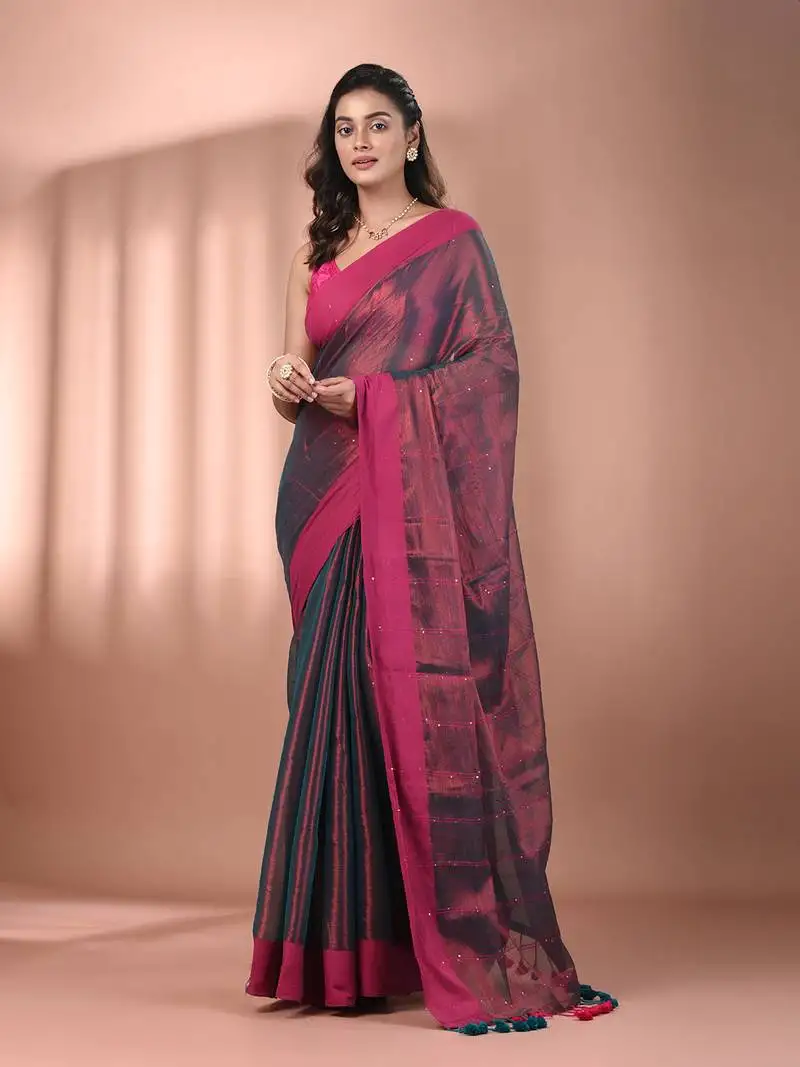 Copper and teal dual tone stripe pattern tissue saree with sequin work