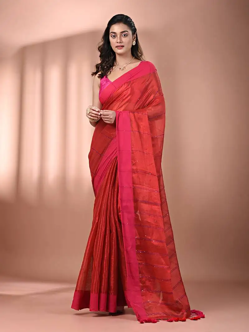 Red stripe pattern tissue saree with sequin work