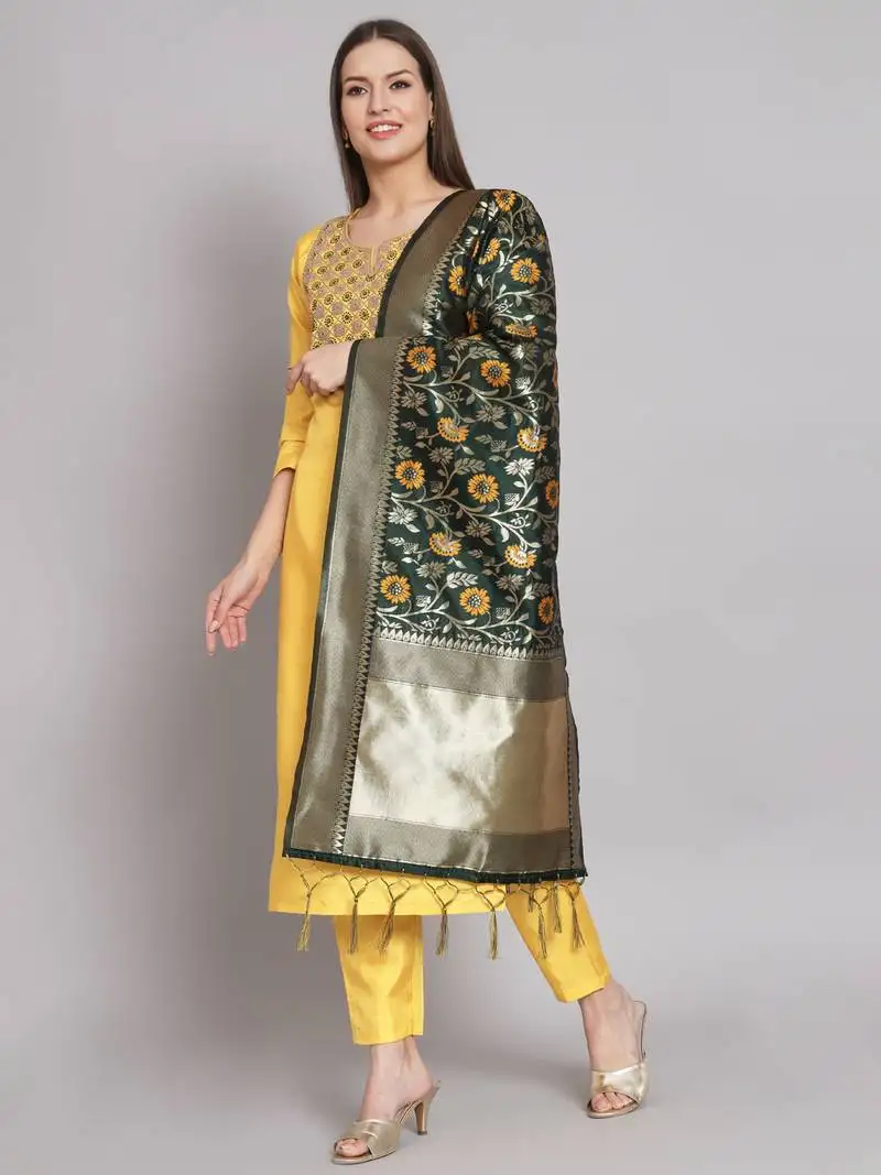 Yellow embroidered cotton silk blend salwar suit