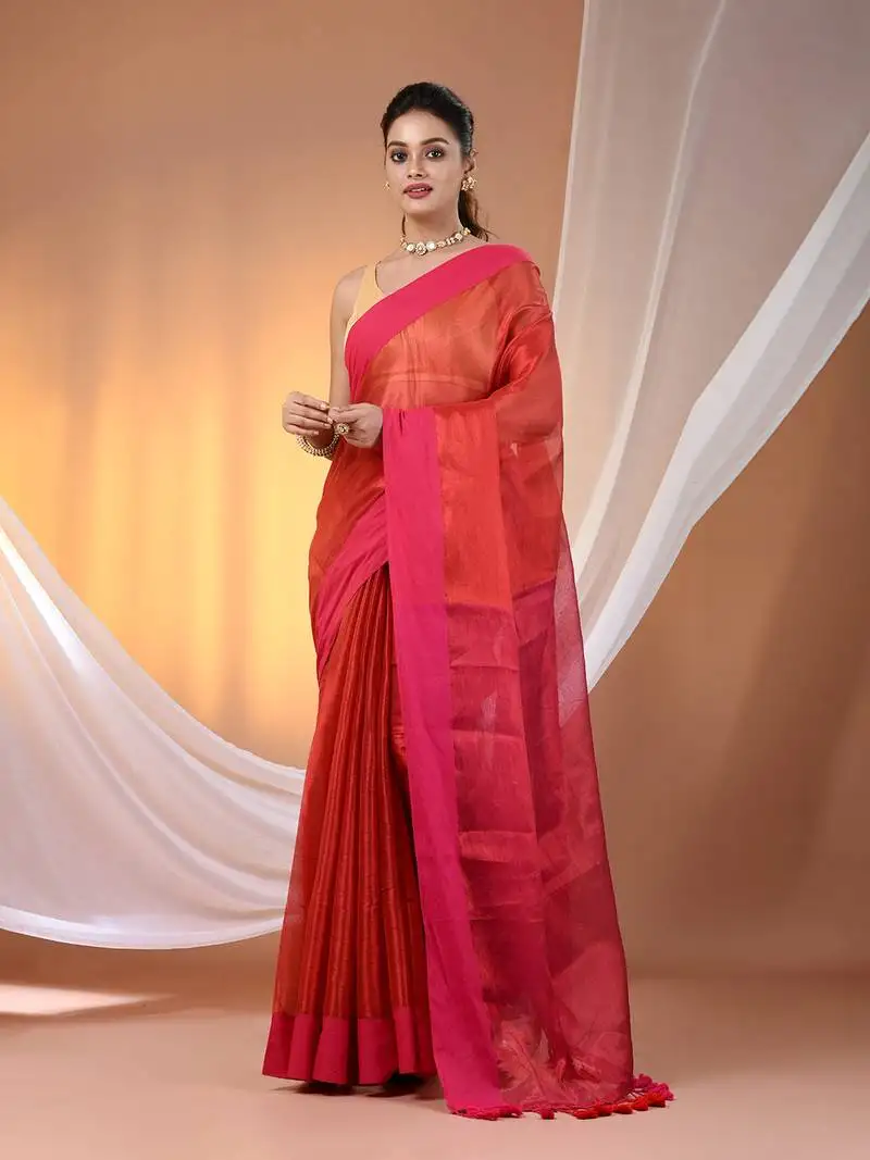 Red and pink dual tone stripe pattern tissue saree with sequin work