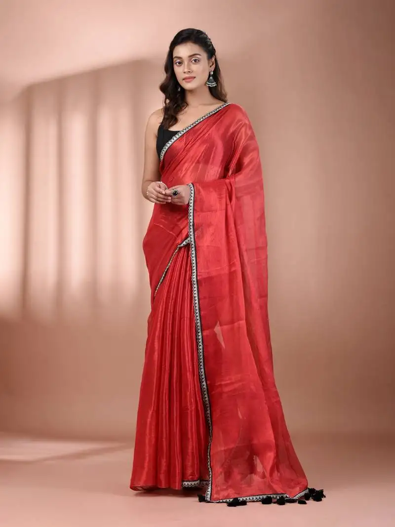 Red shimmer tissue saree with gota patti borders