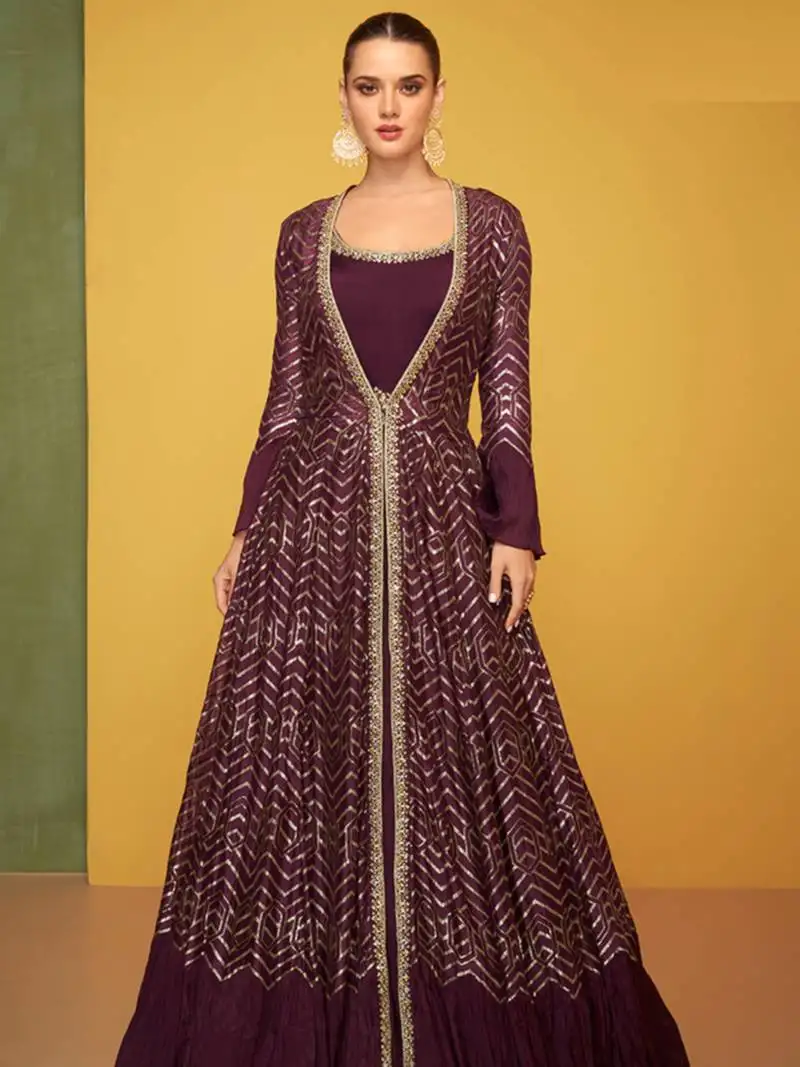 Wine embroidered & sequins work chinnon anarkali churidar suit with jacket - full stitched suit