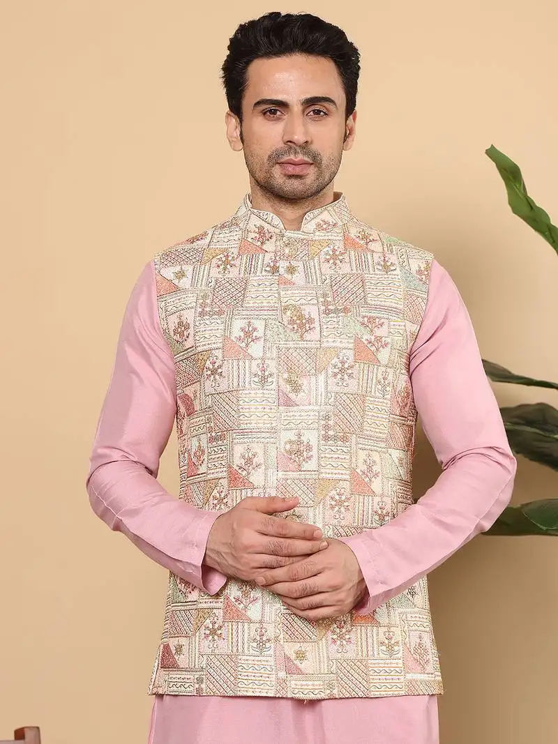Multicolor silk embroidered nehru jacket