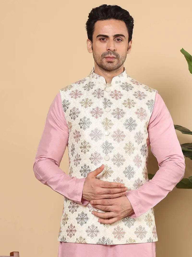 White silk embroidered nehru jacket