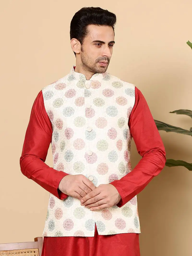 Cream silk embroidered nehru jacket