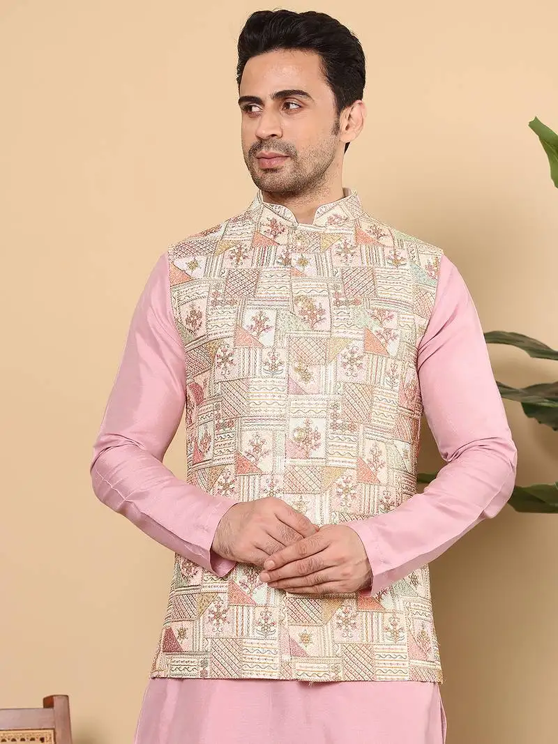 Light blue silk embroidered nehru jacket