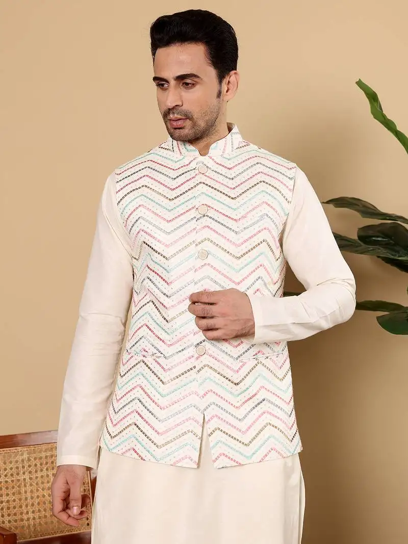 Blue silk embroidered nehru jacket