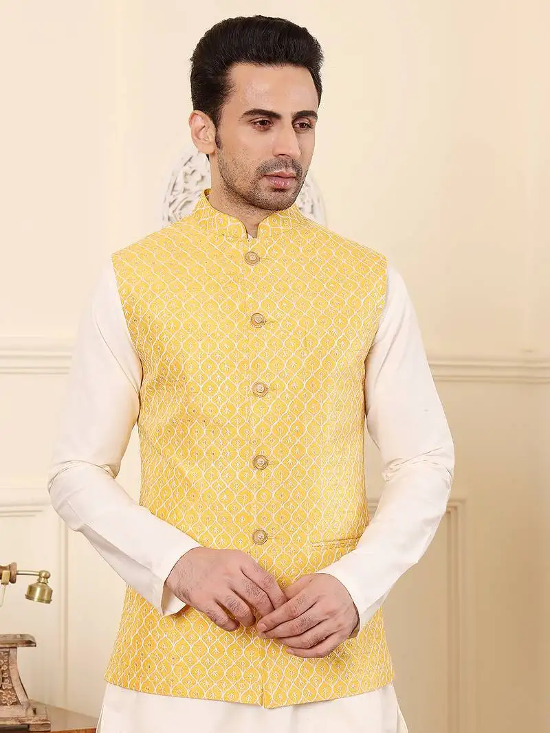 Light pink silk embroidered nehru jacket