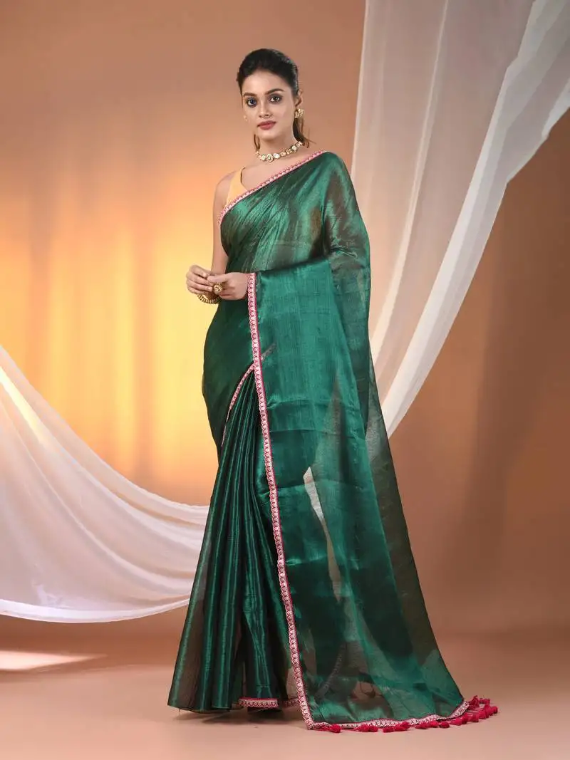 Green shimmer tissue saree with gota patti borders