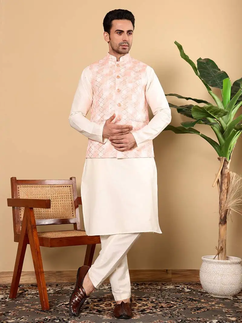 Ivory viscose embroidered nehru jacket