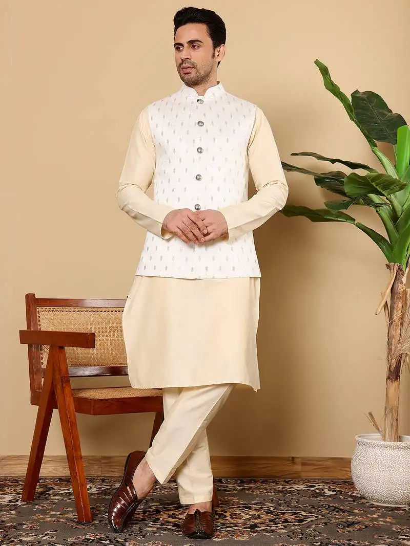Cream viscose embroidered nehru jacket