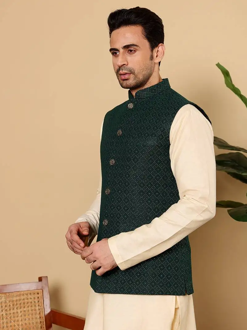 Cream velvet embroidered nehru jacket