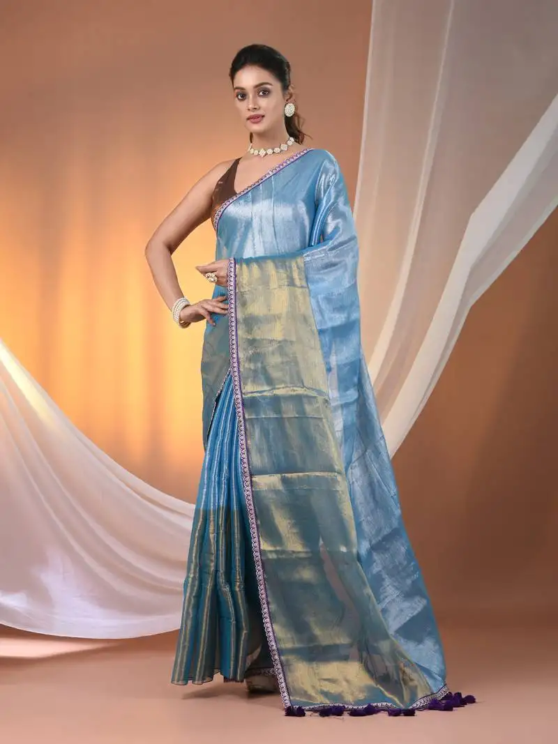 Turquoise blue shimmer tissue saree with gota patti borders