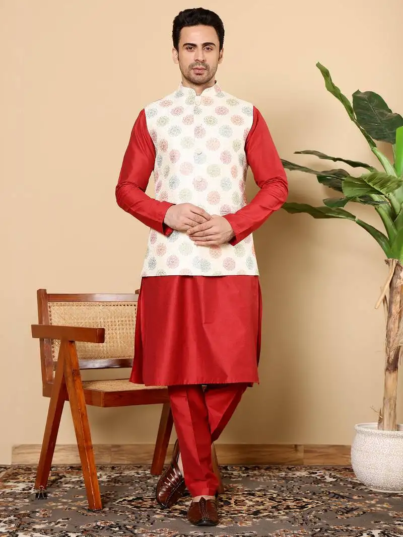 Blue viscose embroidered nehru jacket