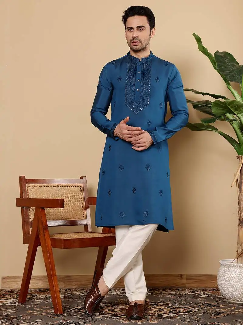 White viscose embroidered kurta pajama