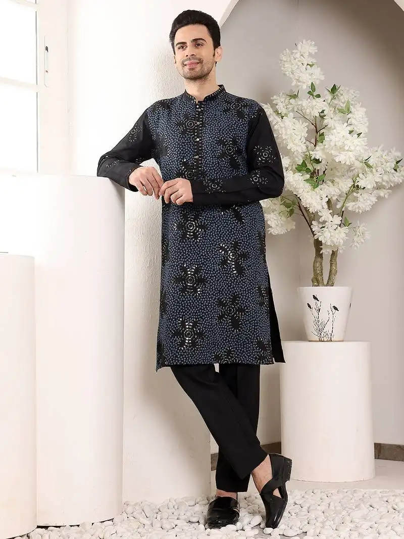 Black viscose embroidered kurta pajama