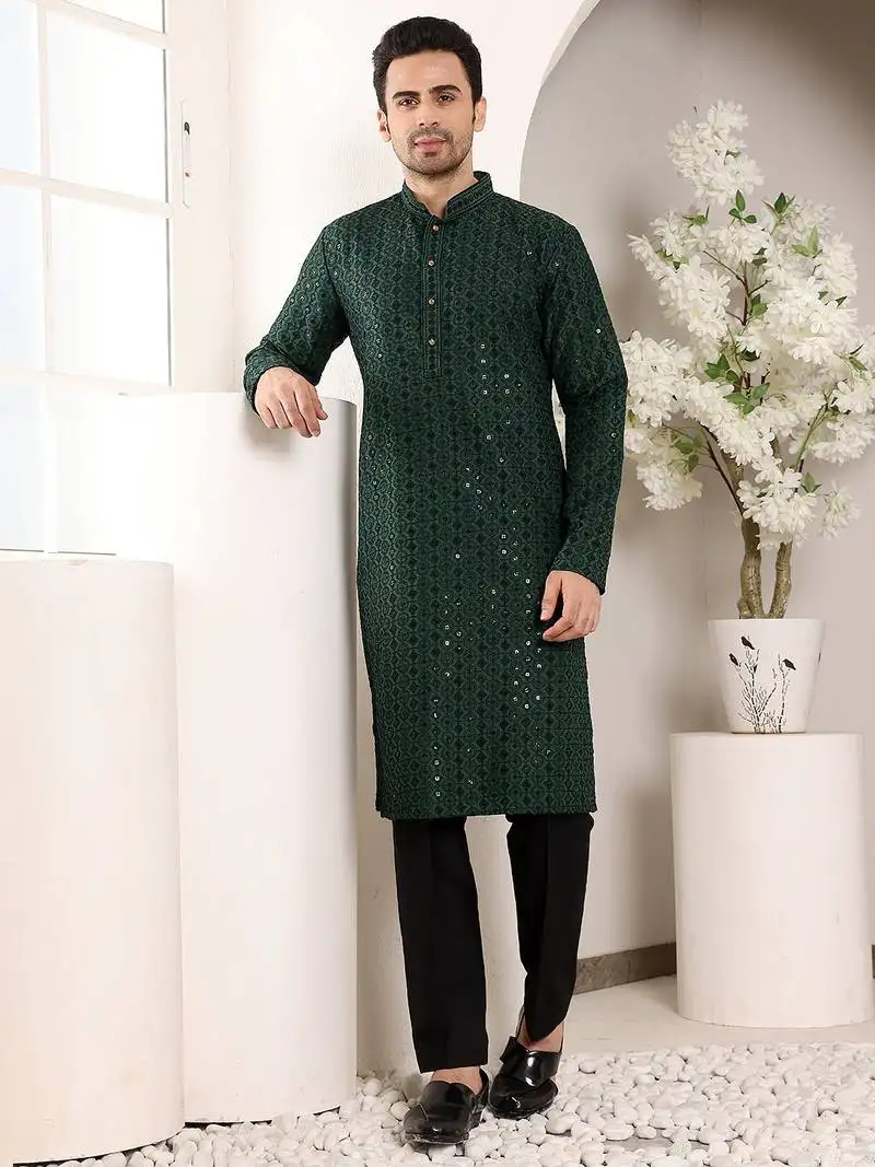Green silk embroidered kurta pajama