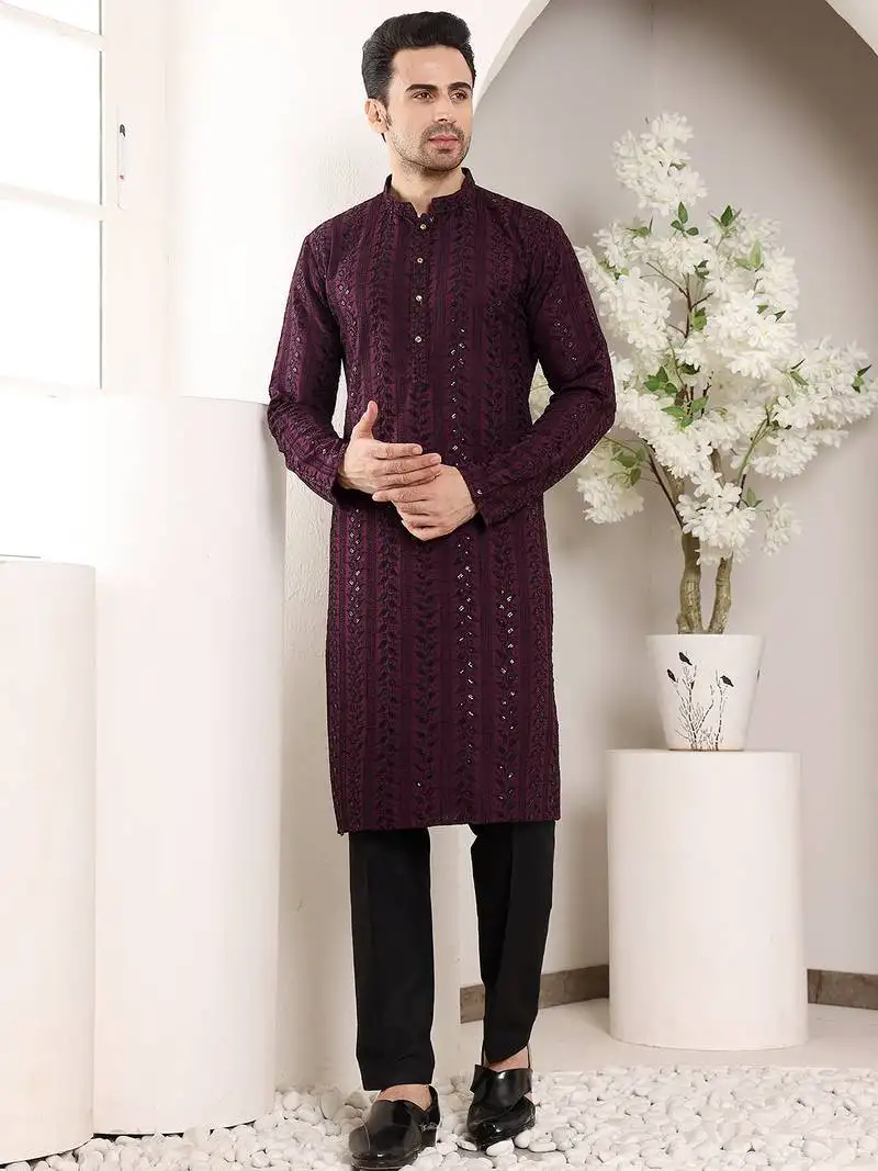 Maroon viscose embroidered kurta pajama