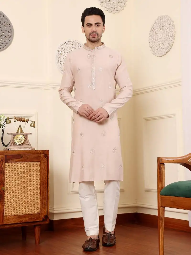 Cream viscose embroidered kurta pajama
