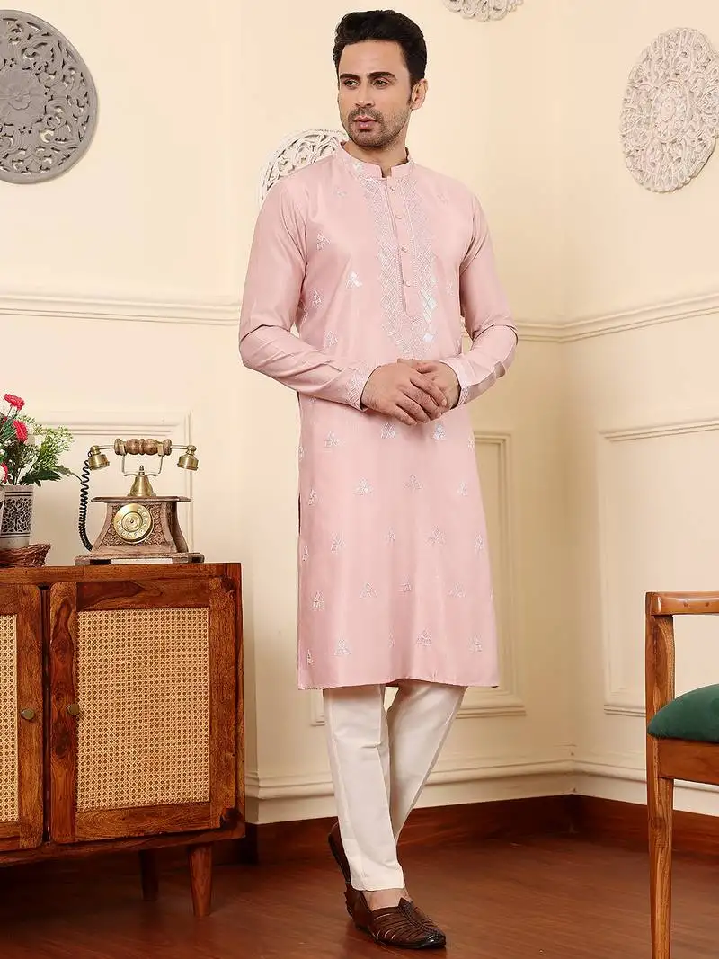 Pink silk embroidered kurta pajama