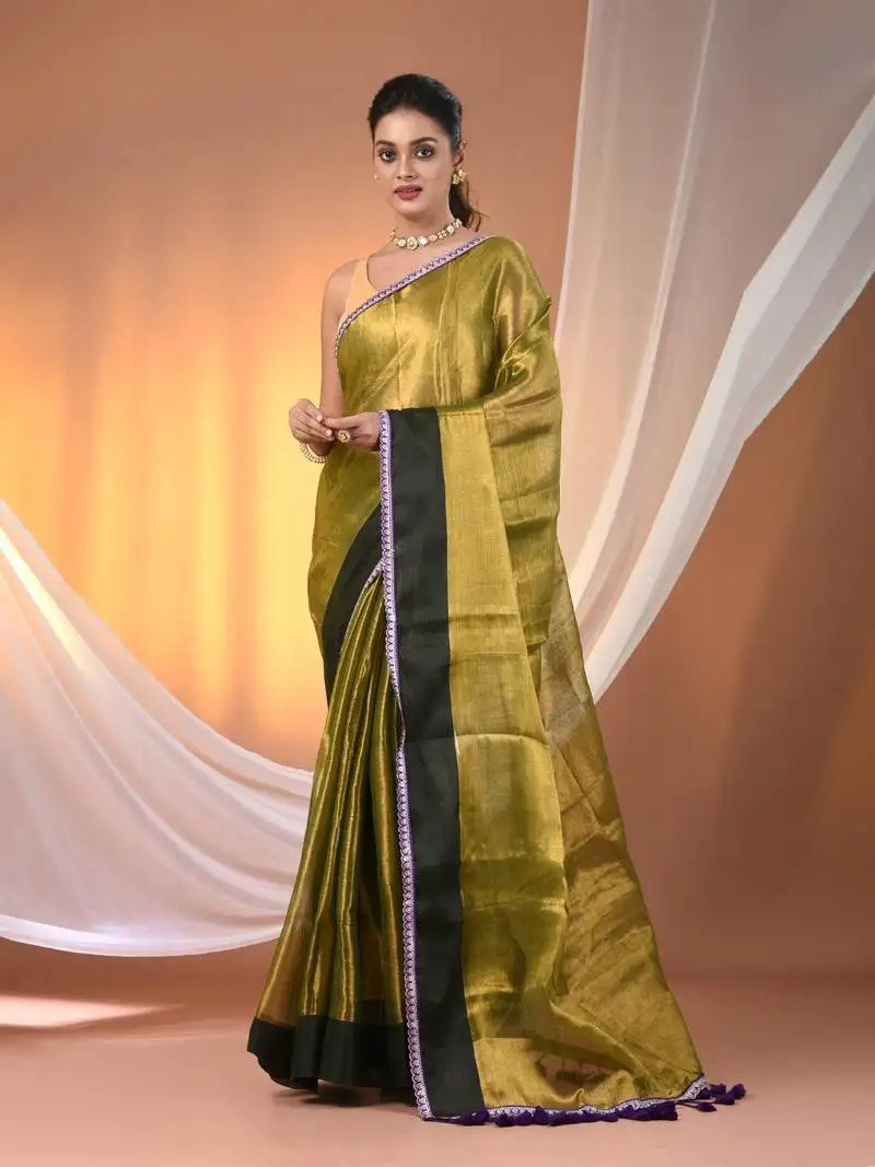 Sap green shimmer tissue saree with gota patti borders