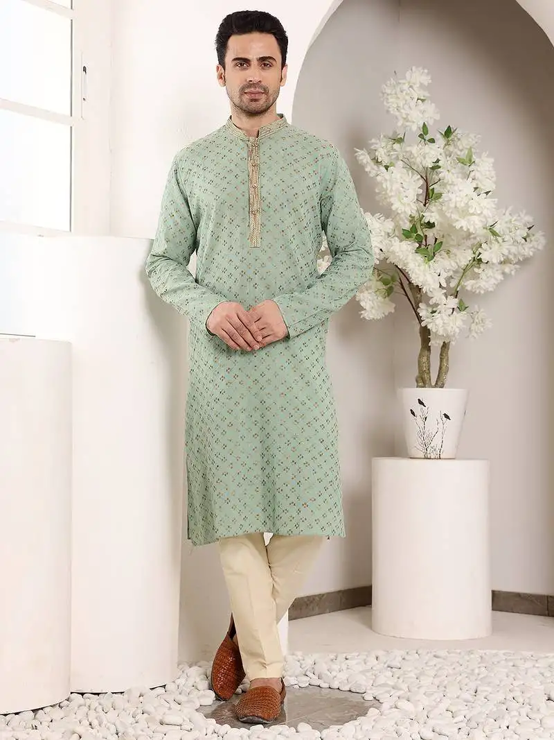 Green viscose embroidered kurta pajama
