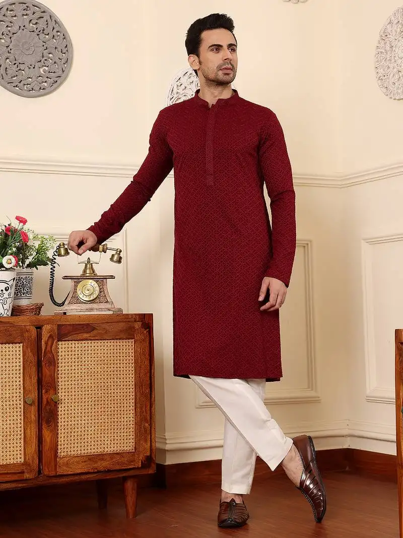 Red viscose embroidered kurta pajama