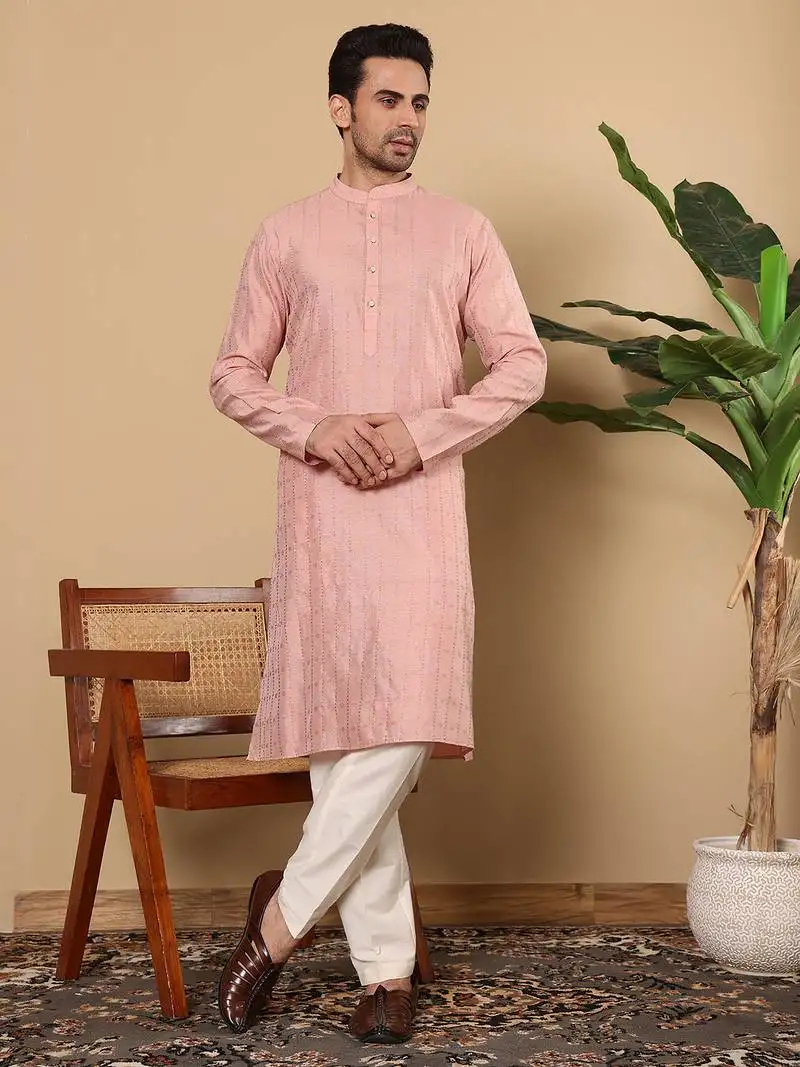 Pink cotton embroidered kurta pajama