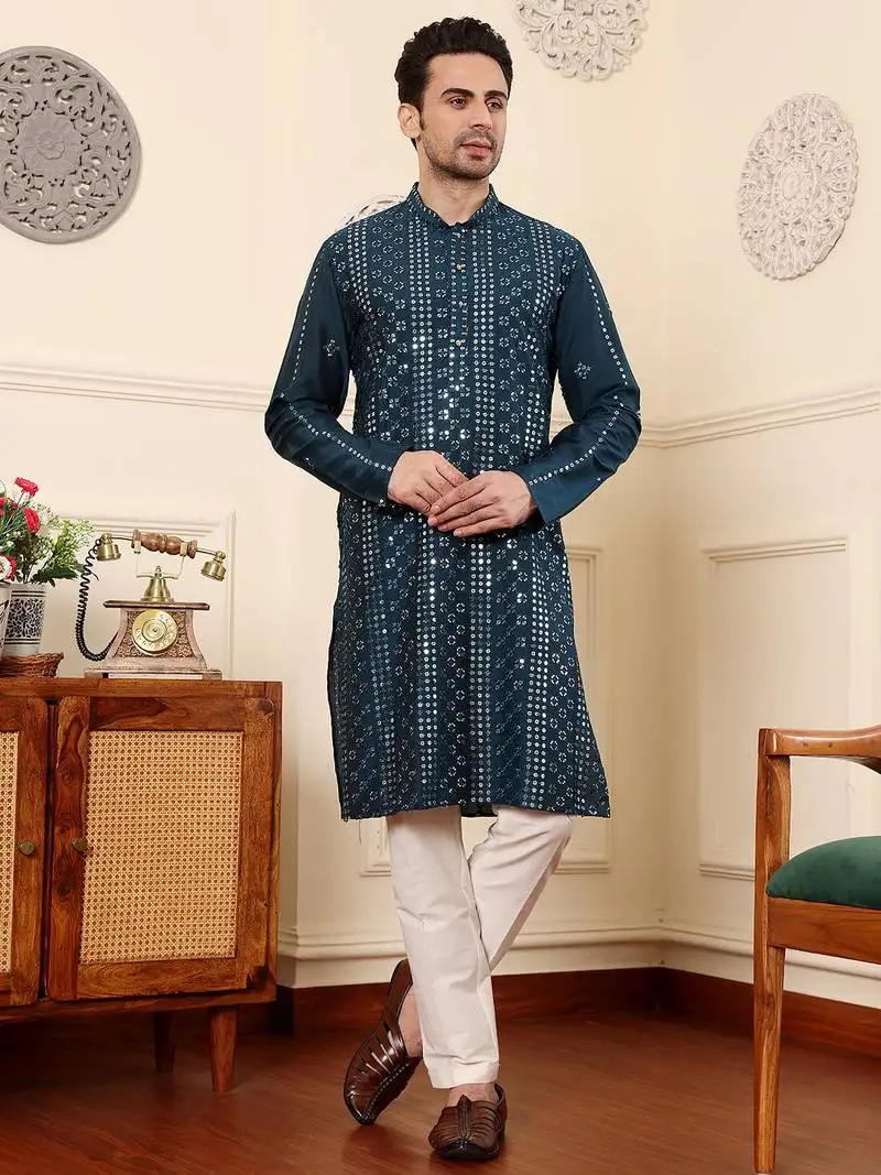 Teal blue cotton embroidered kurta pajama