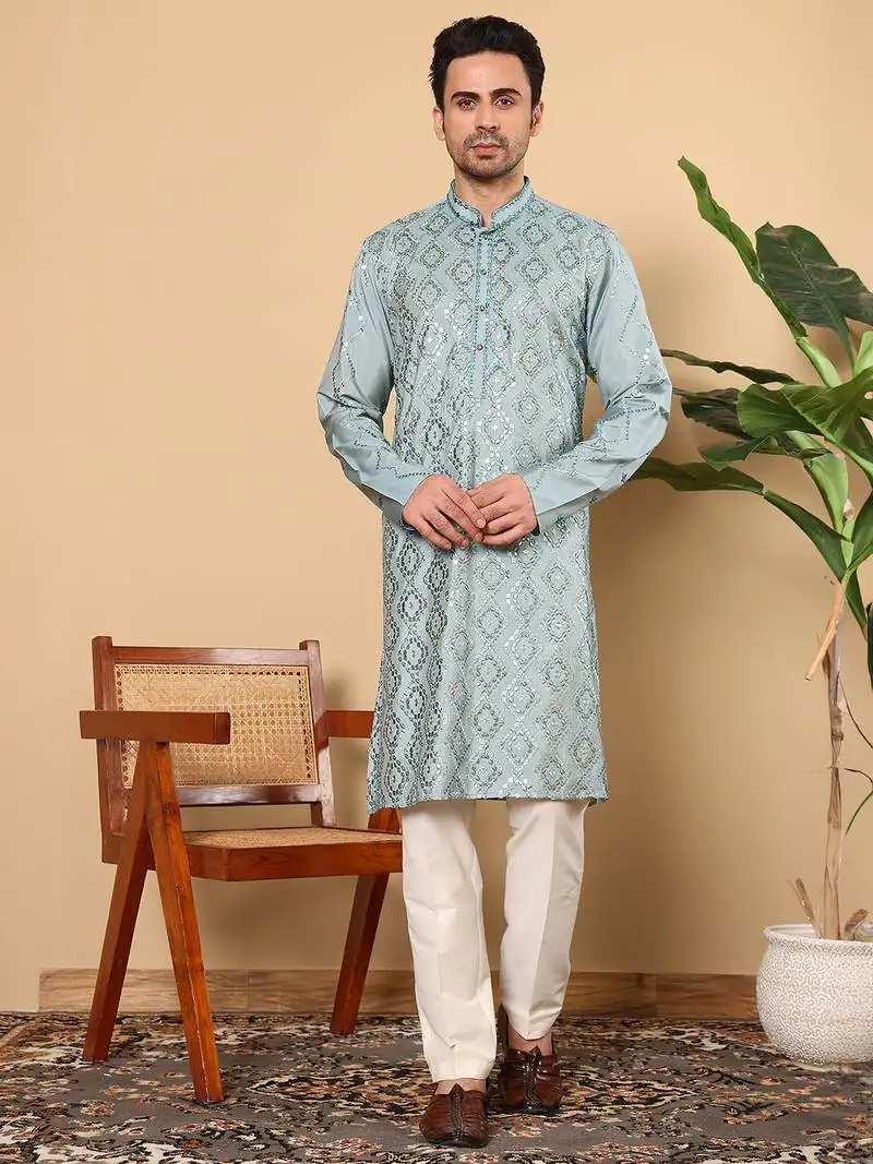 Teal green embroidered kurta pajama