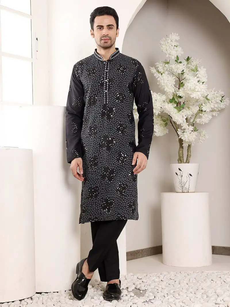 Grey viscose embroidered kurta pajama