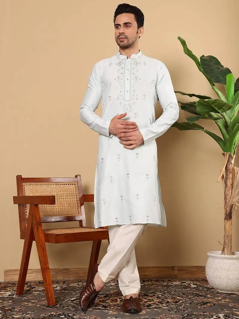 Off white viscose embroidered kurta pajama