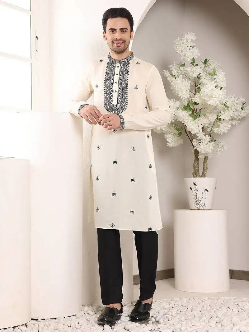 Cream silk embroidered kurta pajama