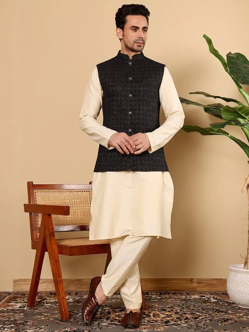 Black cotton embroidered kurta pajama