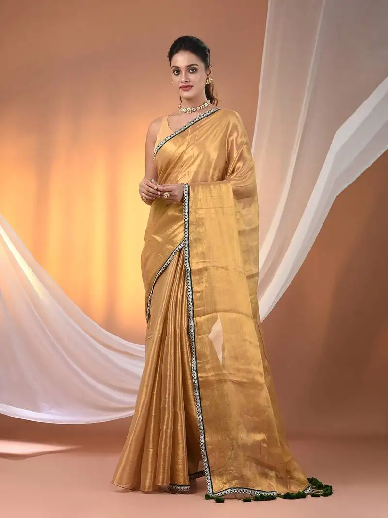 Beige shimmer tissue saree with gota patti borders