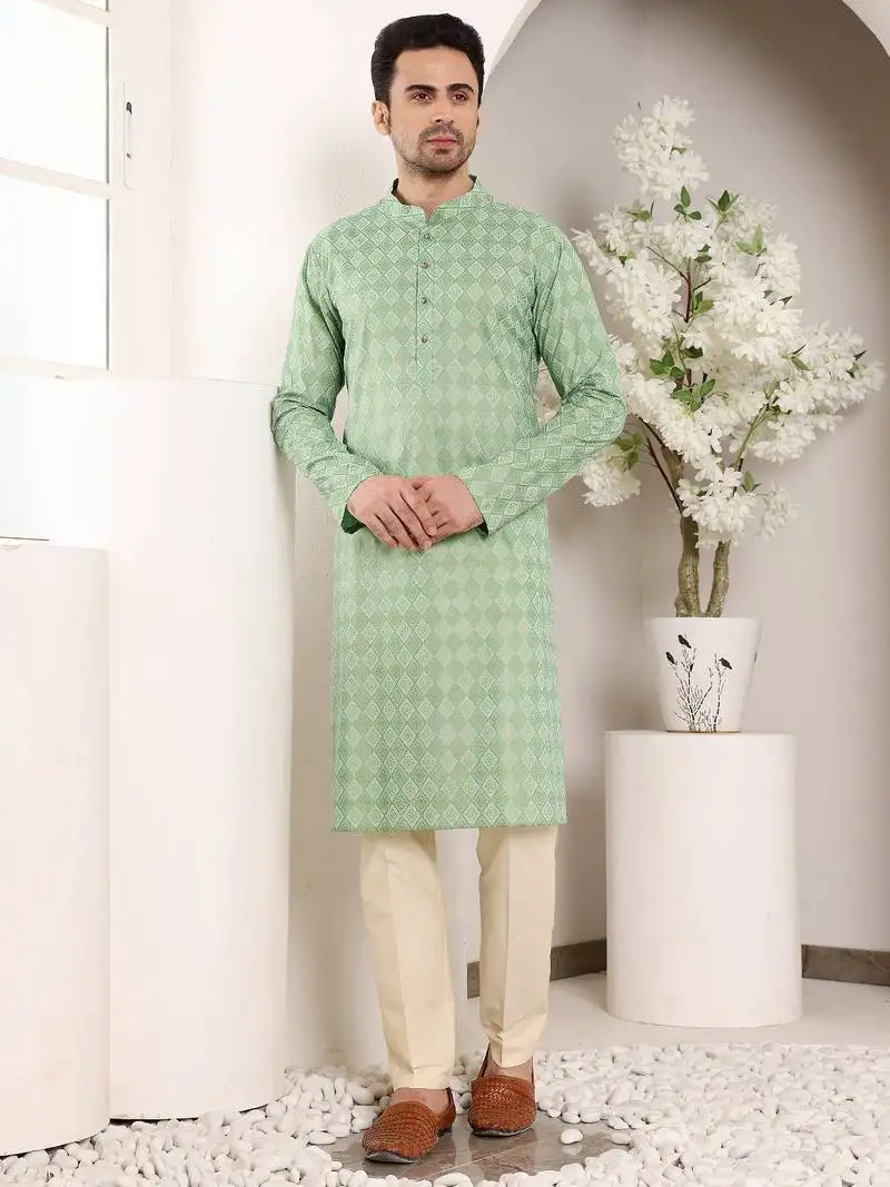 Cream cotton embroidered kurta pajama
