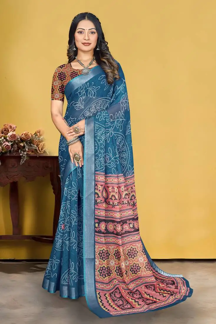 Grey linen digital printed saree with blouse piece