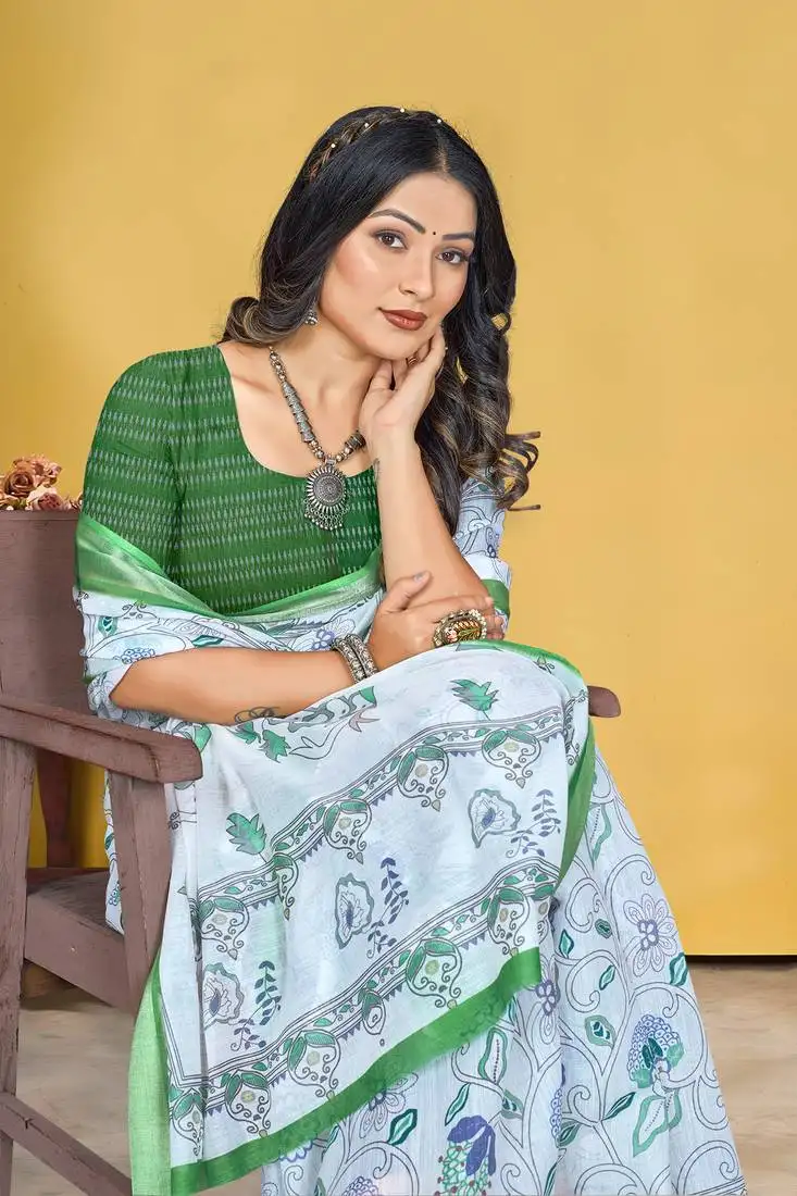 White linen digital printed saree with blouse piece