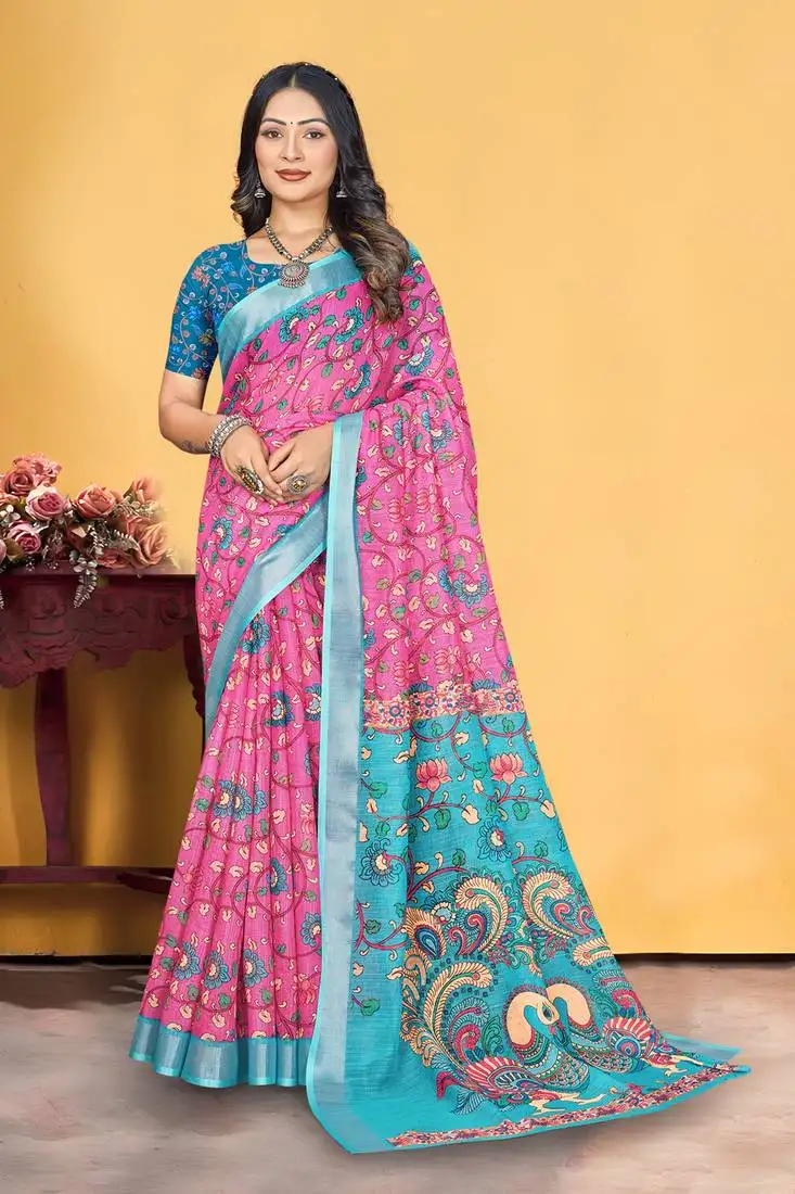 Pink linen digital printed saree with blouse piece