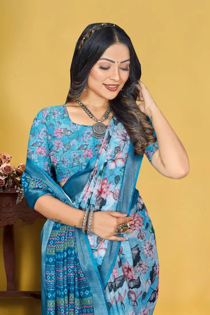 Blue linen digital printed saree with blouse piece