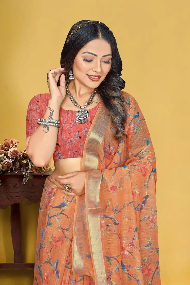 orange linen digital printed saree with blouse piece